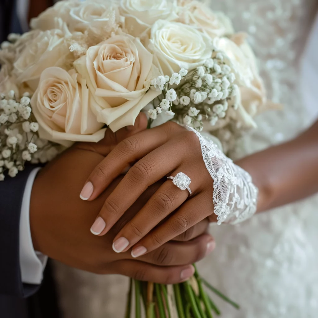 Hände eines Liebespaares mit Verlobungsring und Brautstrauß, weiße Rosen